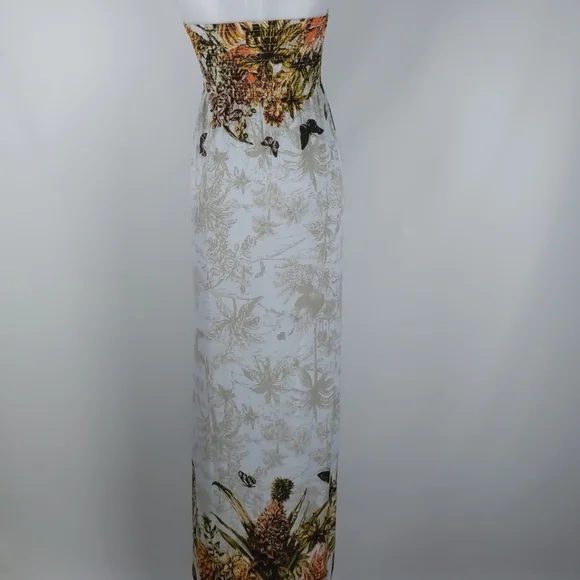 Women's Dress Size Med Cream Orange Butterflies Shirring Maxi High Low Hem Bow - Picture 9 of 10